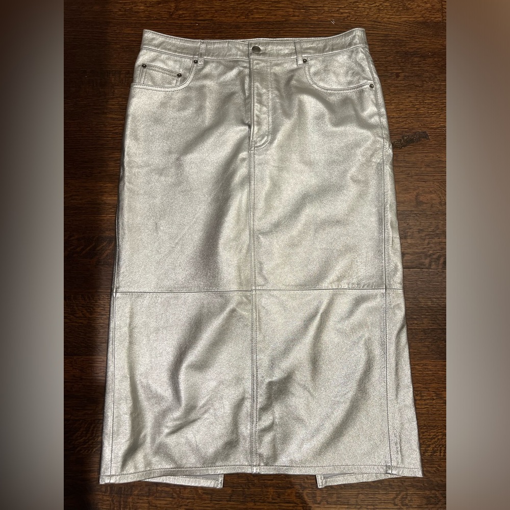 Silver leather midi skirt. Coach, size 12, from Fall 2023